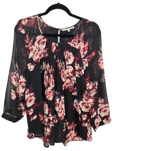 Daniel Rainn Black Floral Long Sleeve Shear Pleated Women's Top Size Large